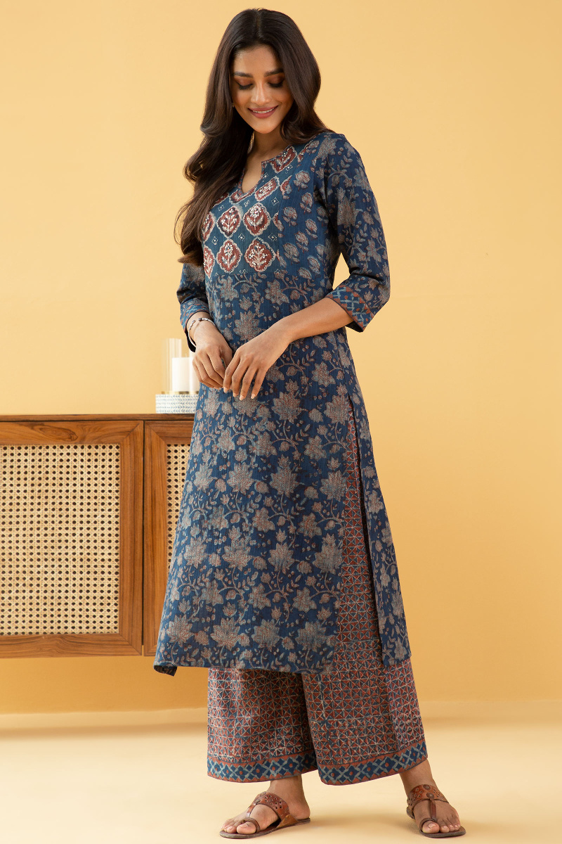 Indigo Akola Block Printed Straight Cotton Dobby Kurta