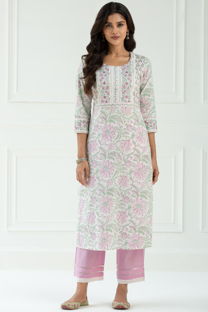 White Block Printed Straight Cotton Kurta