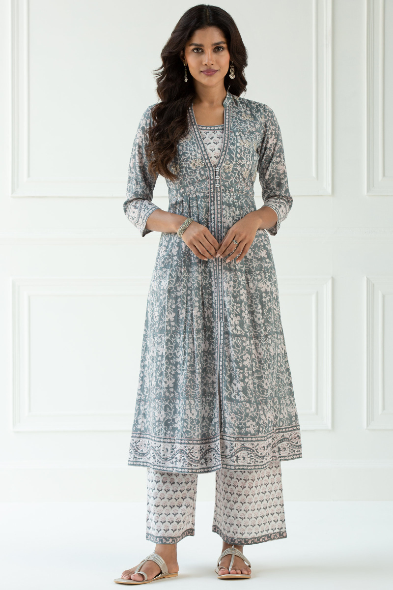 Grey Block Printed A-Line Cotton Kurta