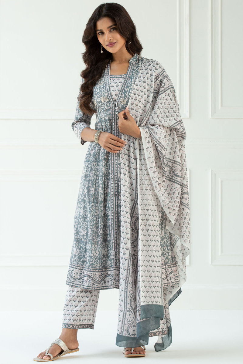 White Block Printed Cotton Dupatta