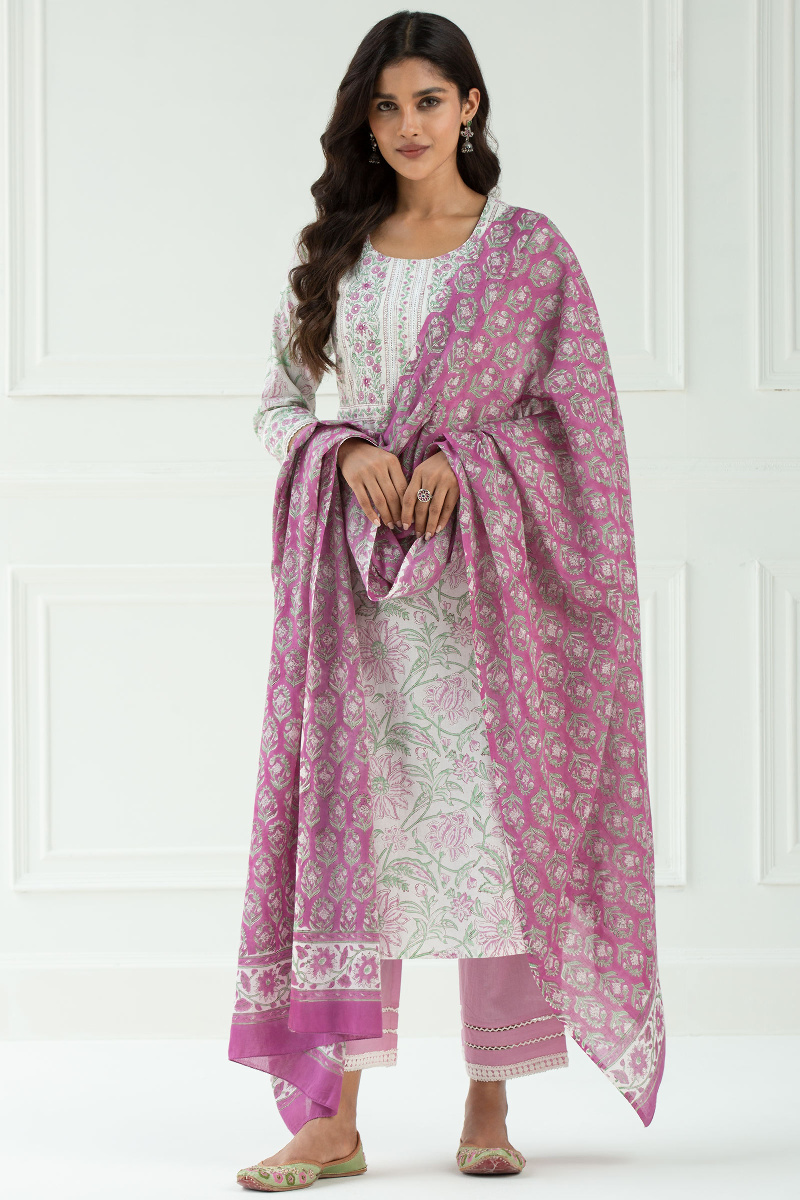 Pink Block Printed Cotton Dupatta