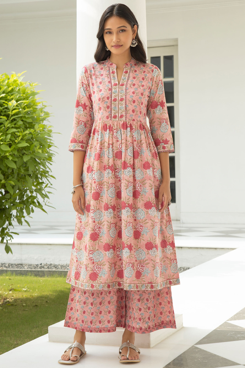 Brown Block Printed A-Line Cotton Kurta