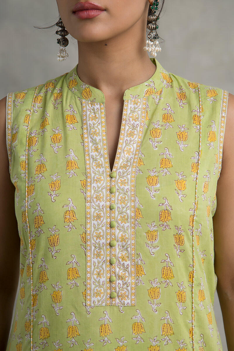 Green Block Printed Straight Cotton Kurta