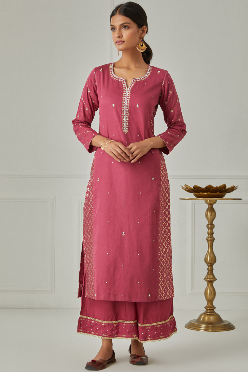 Red Handcrafted Straight Vegan Silk Kurta