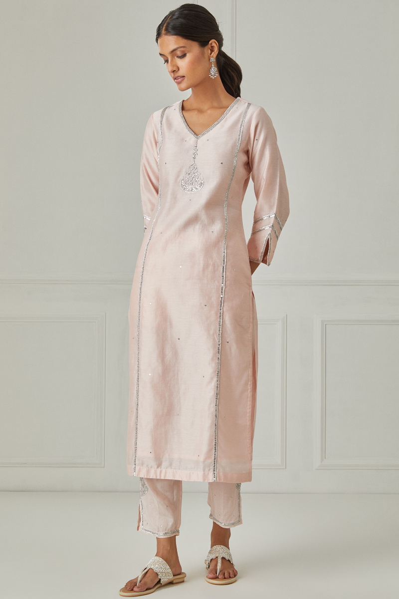 Pink Handcrafted Straight Chanderi Kurta