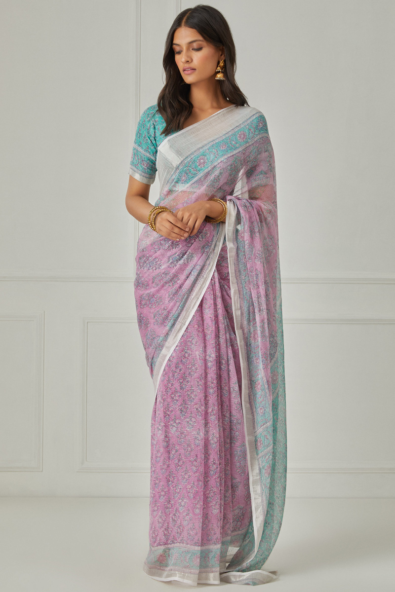 Purple Block Printed Kota Silk Saree