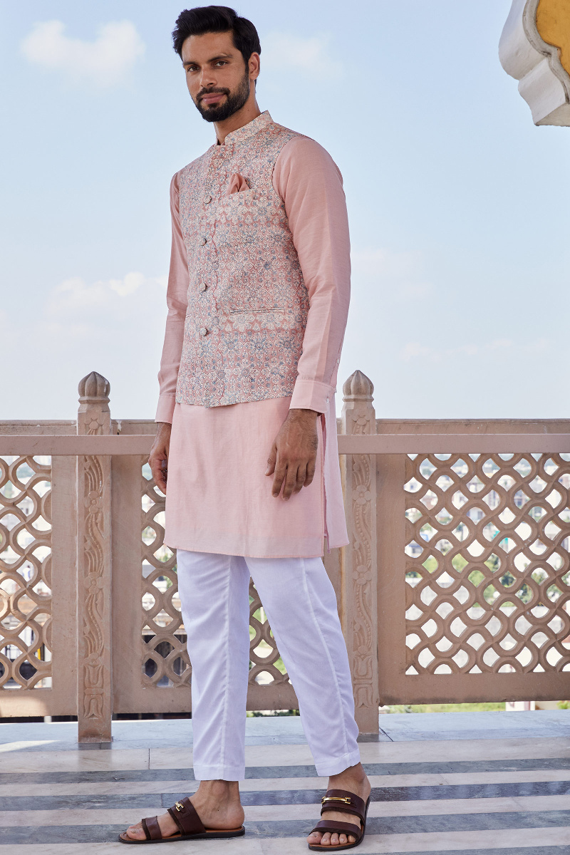 Peach Block Printed Chanderi Nehru Jacket