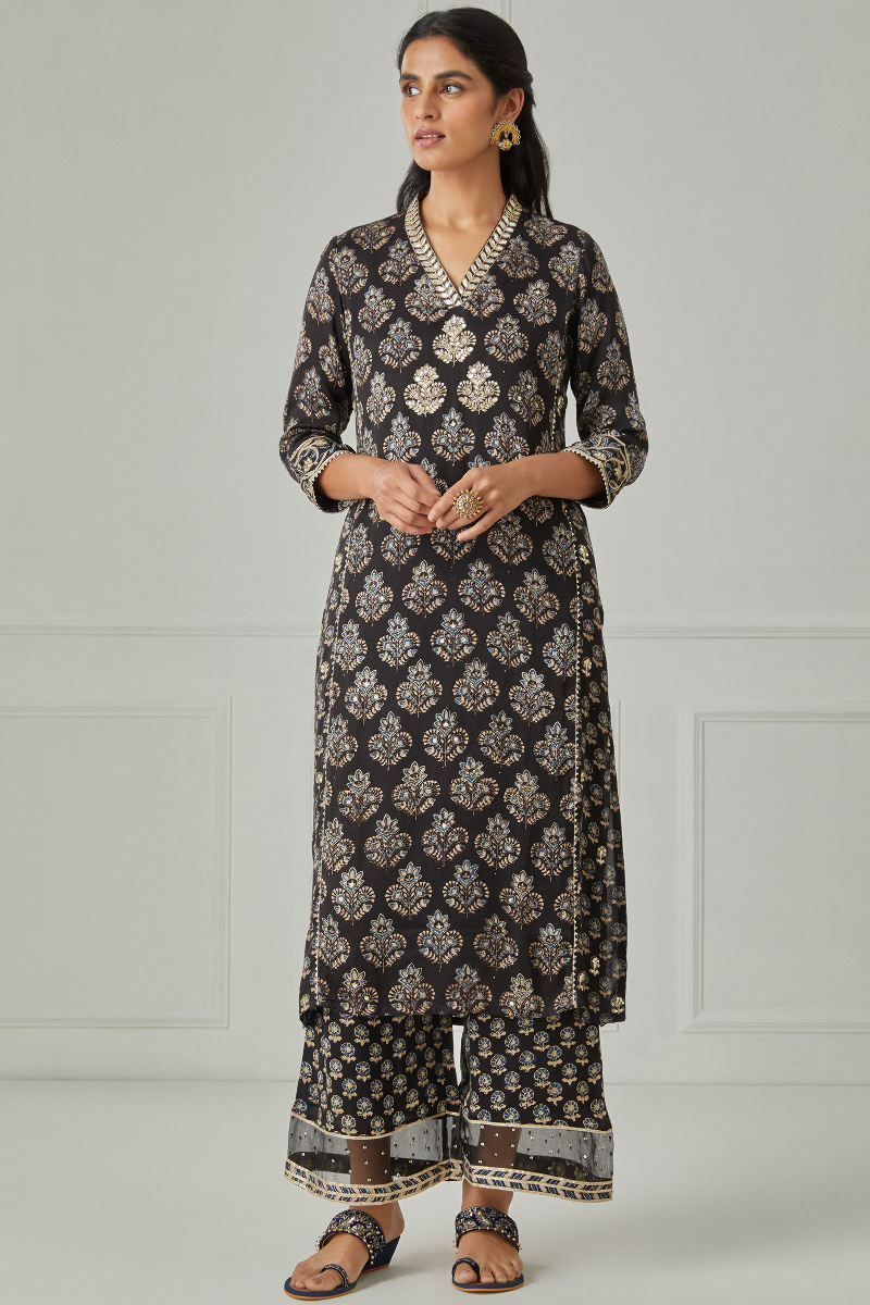 Ajrak Block Printed Straight Modal Satin Kurta