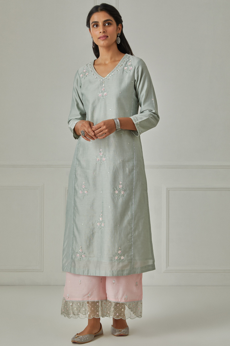 Blue Handcrafted Straight Chanderi Kurta