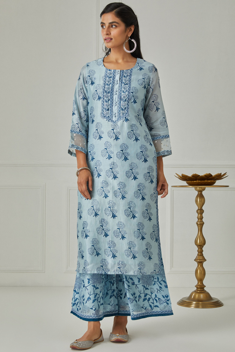 Blue Block Printed Straight Chanderi Kurta