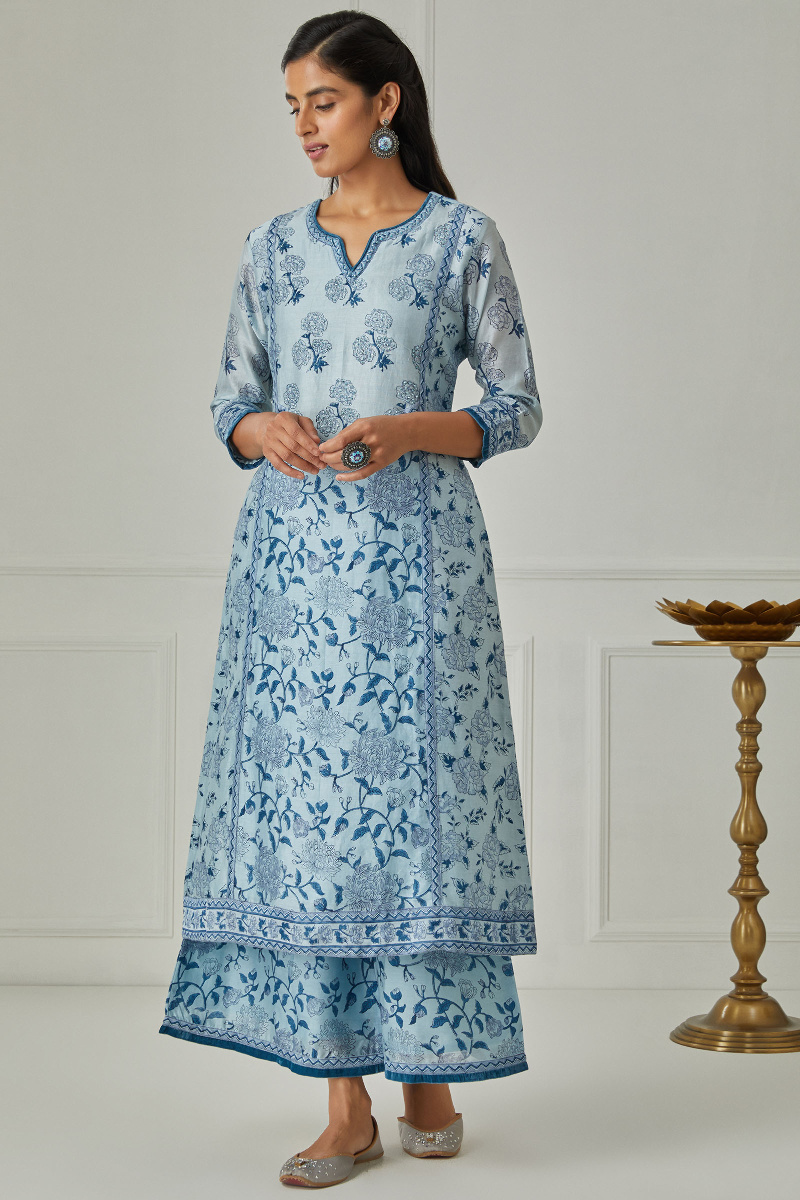 Blue Block Printed A-Line Chanderi Kurta