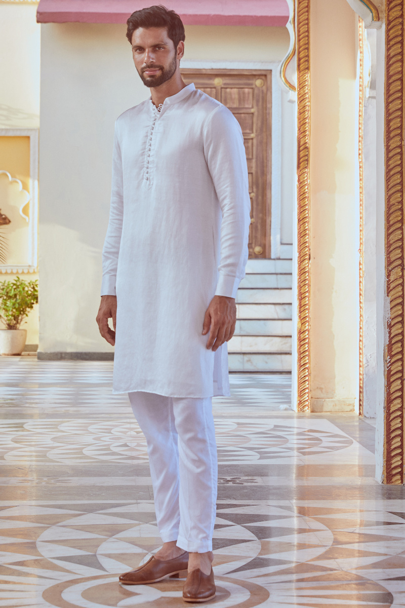 White Handcrafted Linen Satin Kurta