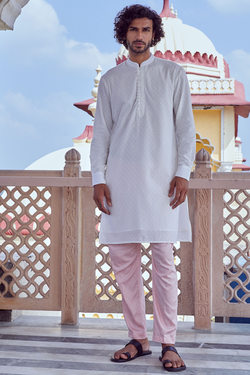 White Handcrafted Cotton Dobby Kurta