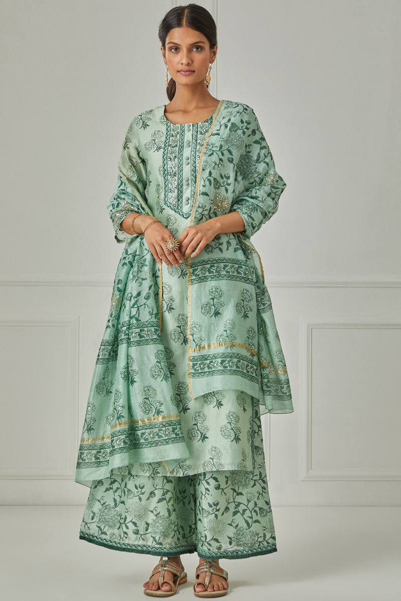 Green Block Printed Chanderi Palazzo