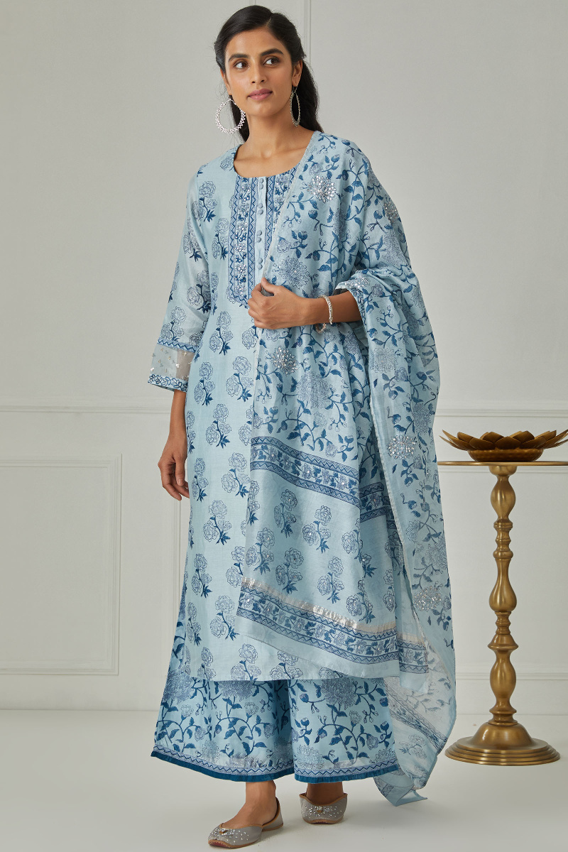 Blue Block Printed Chanderi Dupatta