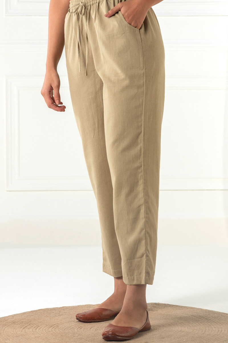 Khaki Handcrafted Cotton Flex Pants