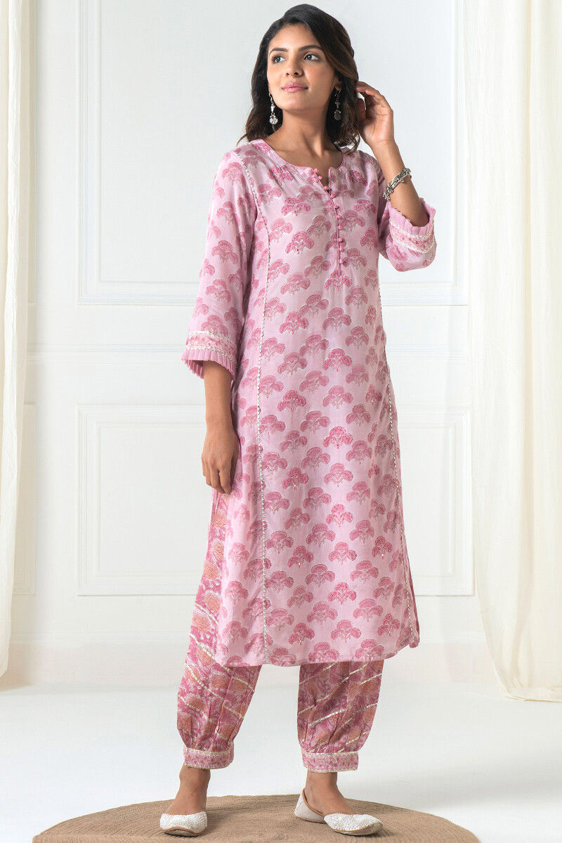 Pink Block Printed Straight Modal Kurta