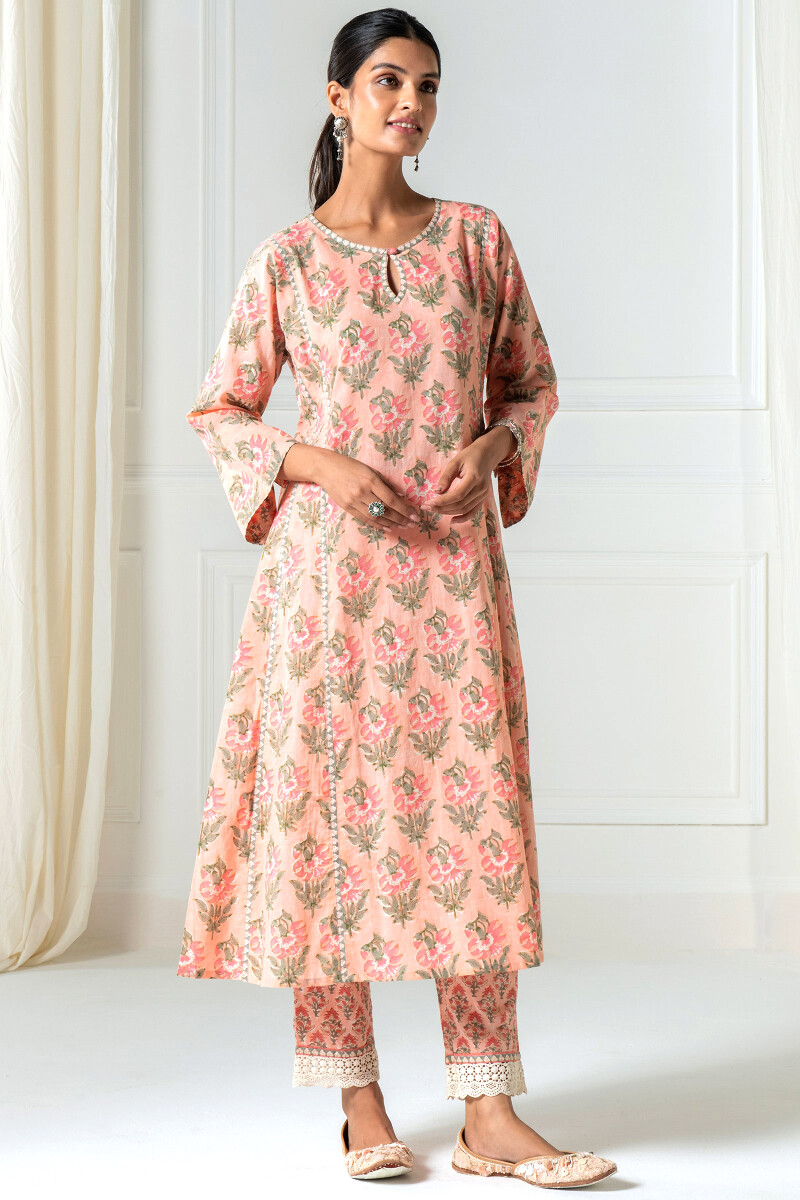 Peach Block Printed A-Line Cotton Kurta