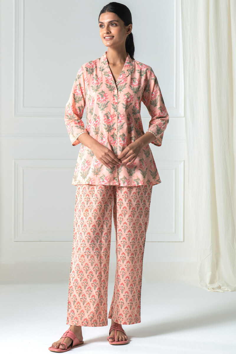 Peach Block Printed Cotton Pyjama Set