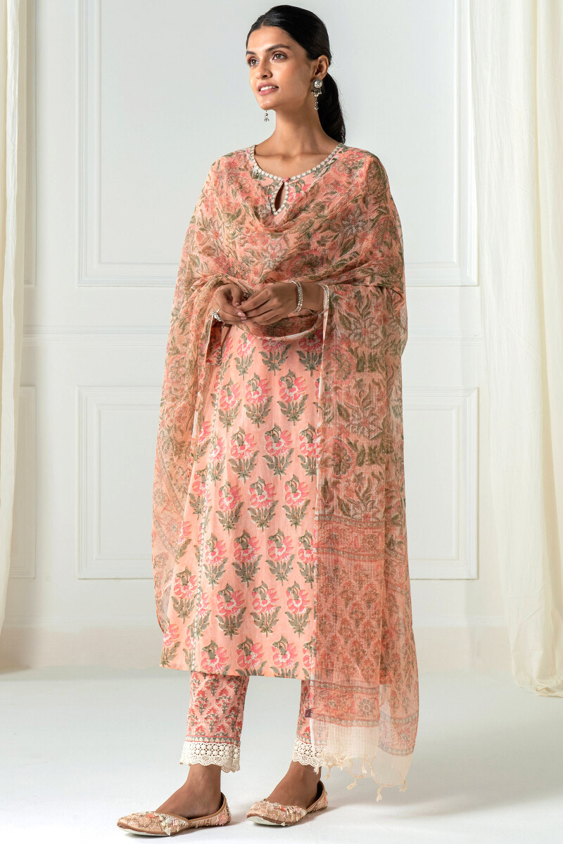 Peach Block Printed Kota Dupatta