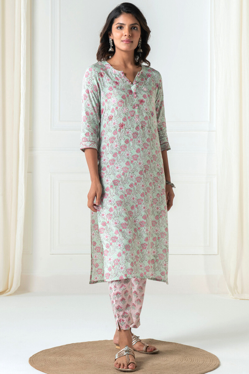 Green Block Printed Straight Modal Kurta