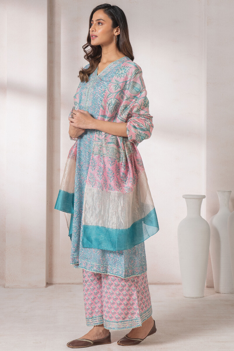 Pink Block Printed Chanderi Dupatta