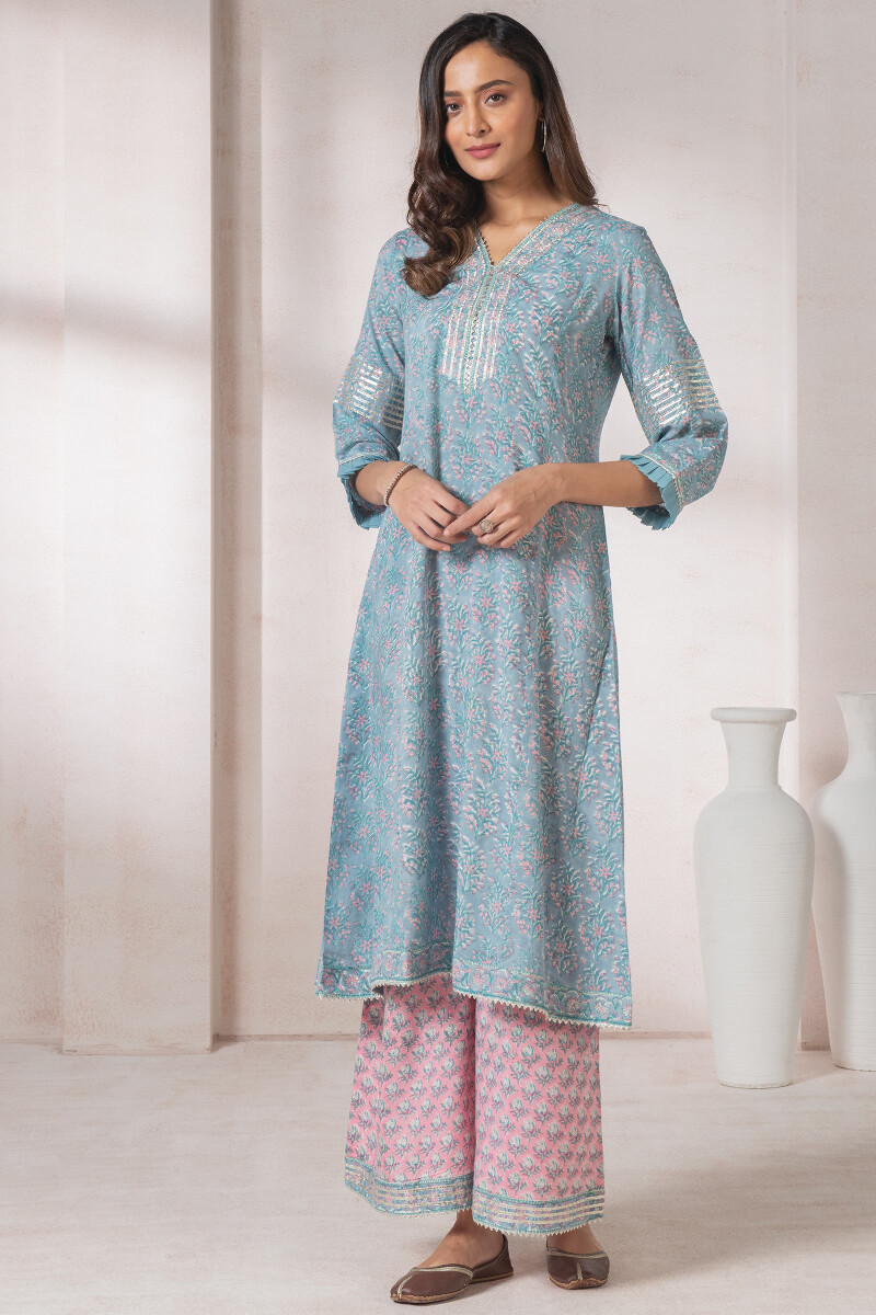 Turquoise Block Printed A-Line Modal Kurta