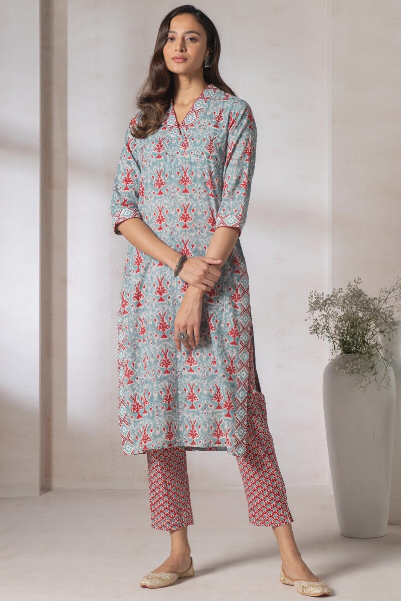 Turquoise Block Printed Straight Cotton Kurta