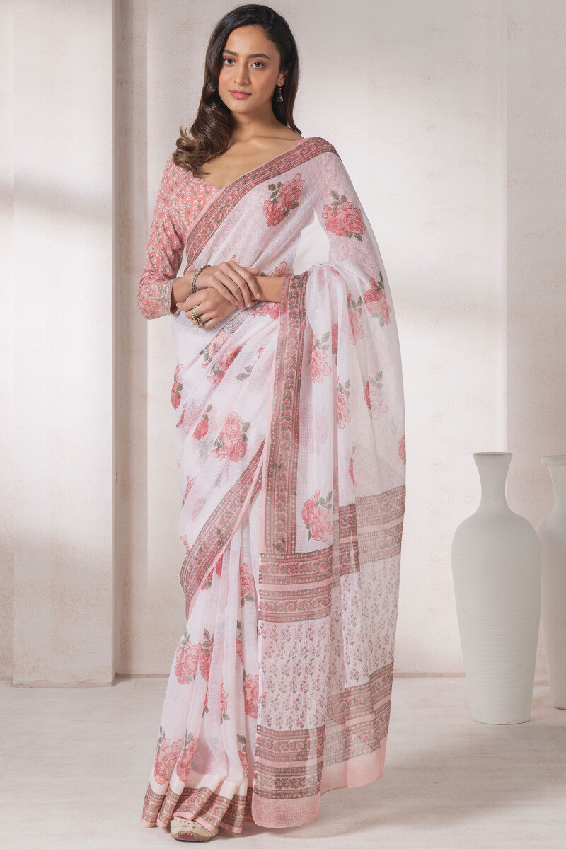 Off-White Block Printed Kota Silk Saree