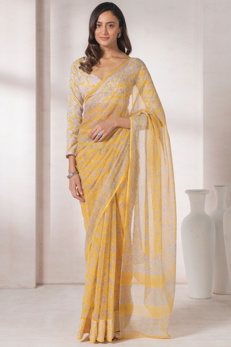 Yellow Block Printed Kota Silk Saree