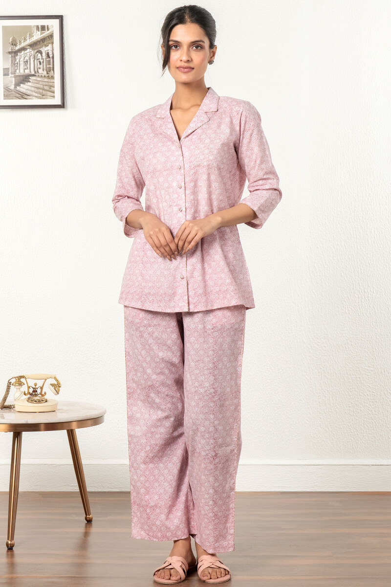 Pink Block Printed Cotton Pyjama Set