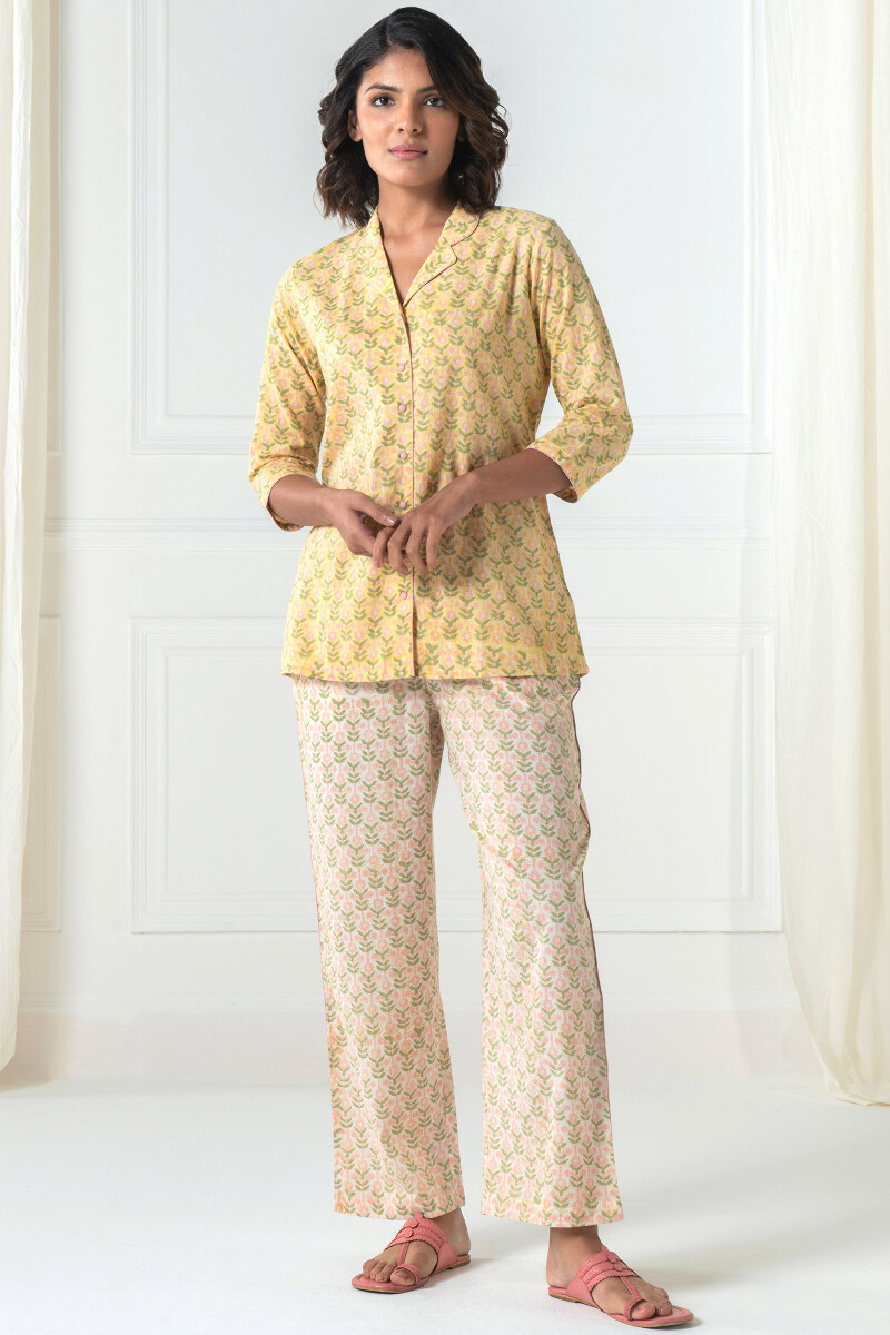 Yellow Block Printed Cotton Pyjama Set