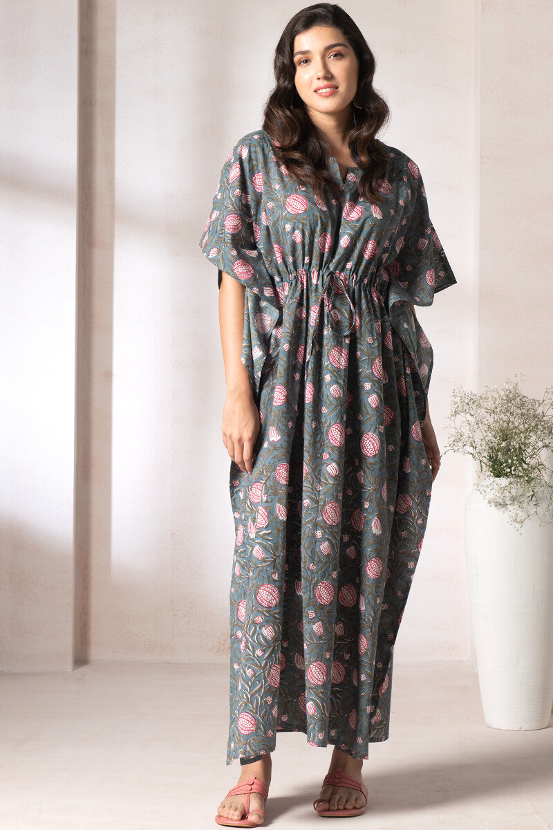 Green Block Printed Cotton Kaftan