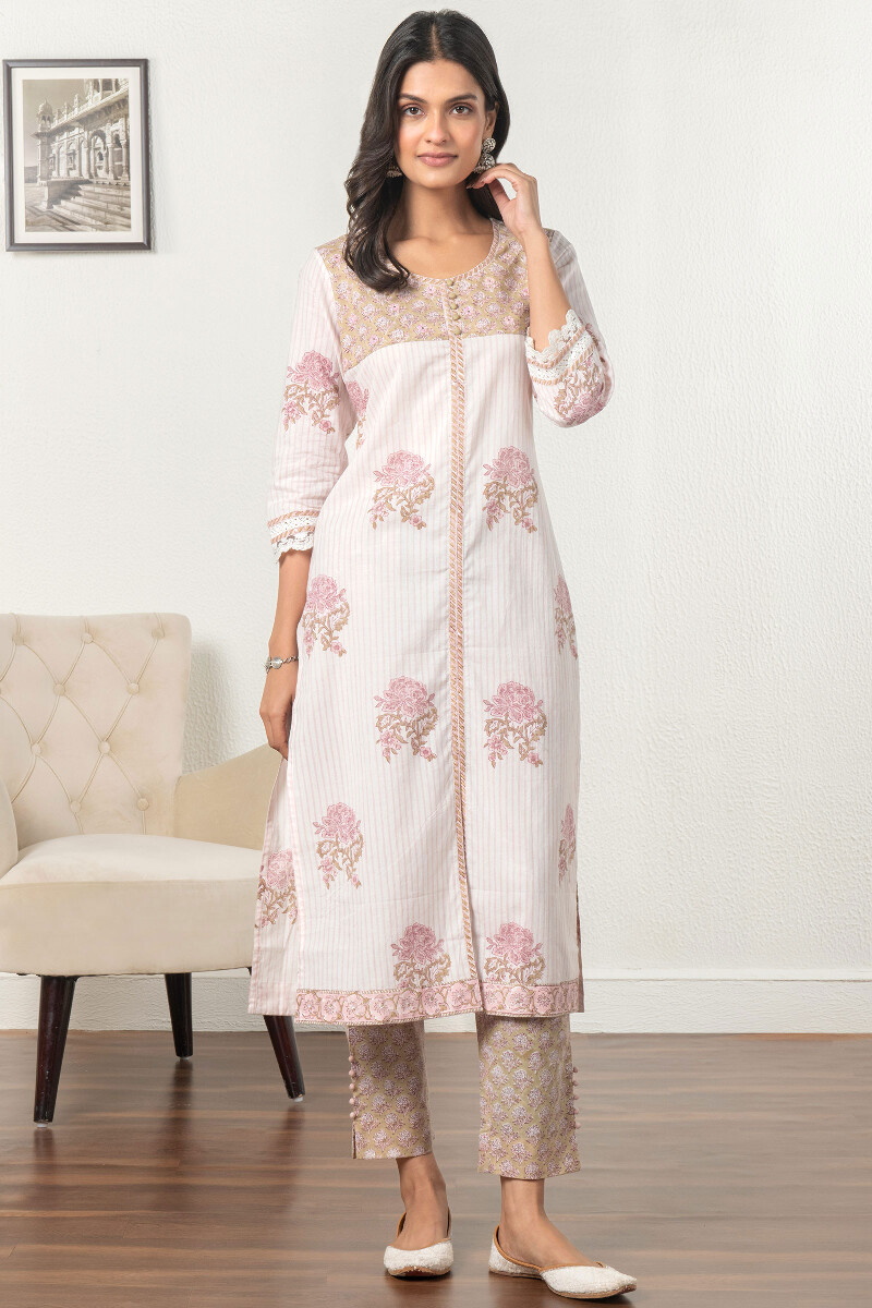 Off-White Block Printed Straight Cotton Kurta