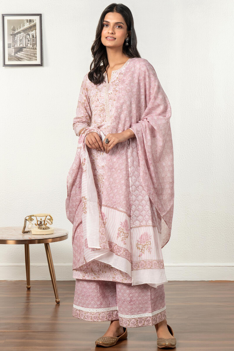 Pink Block Printed Straight Cotton Kurta