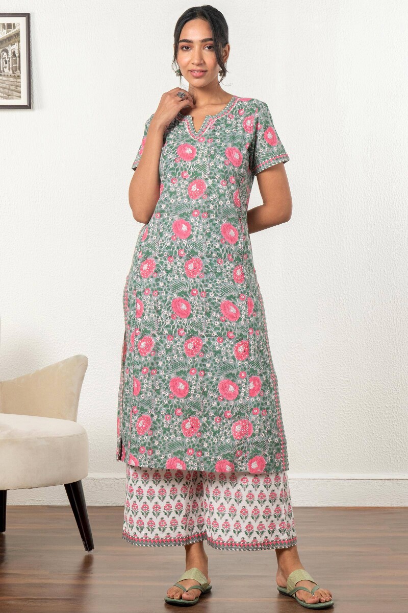 Grey Block Printed A-Line Cotton Kurta