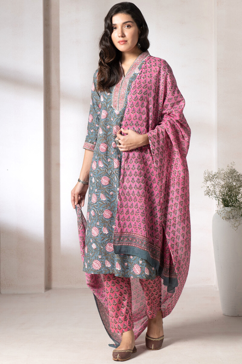 Pink Block Printed Cotton Dupatta