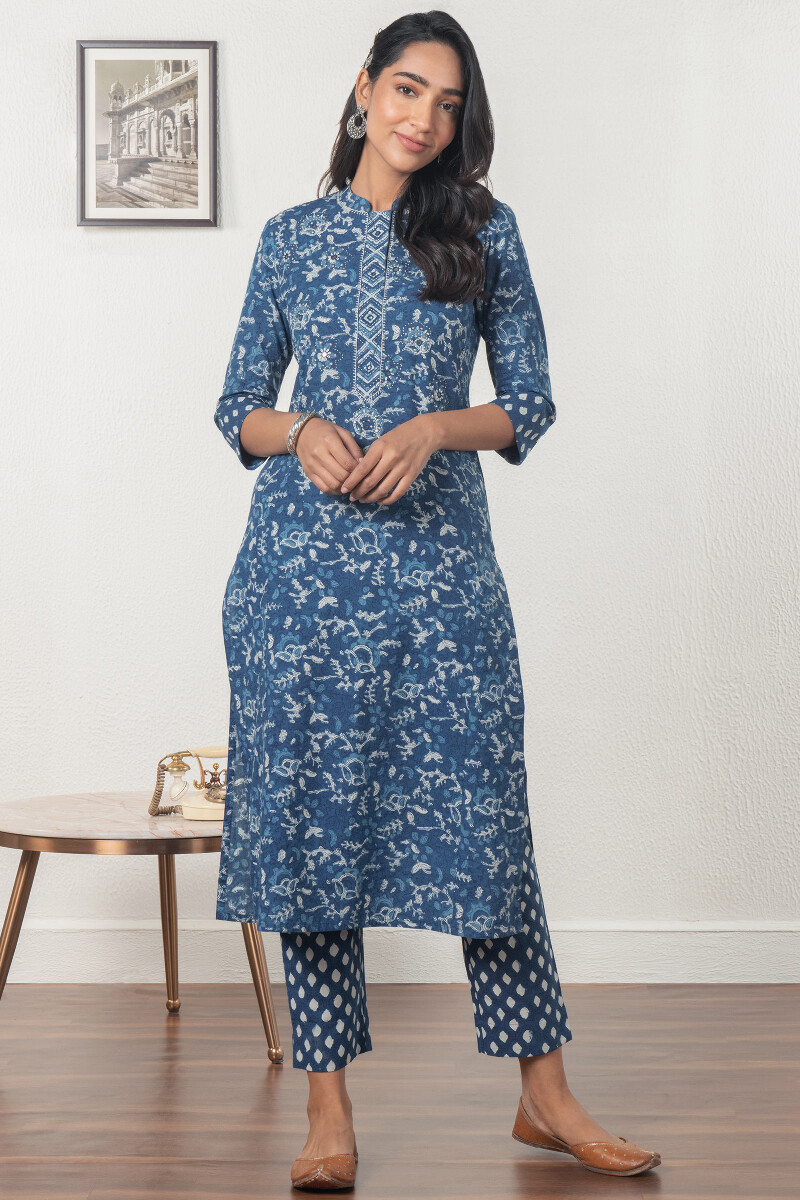 Indigo Block Printed Cotton Narrow Pants