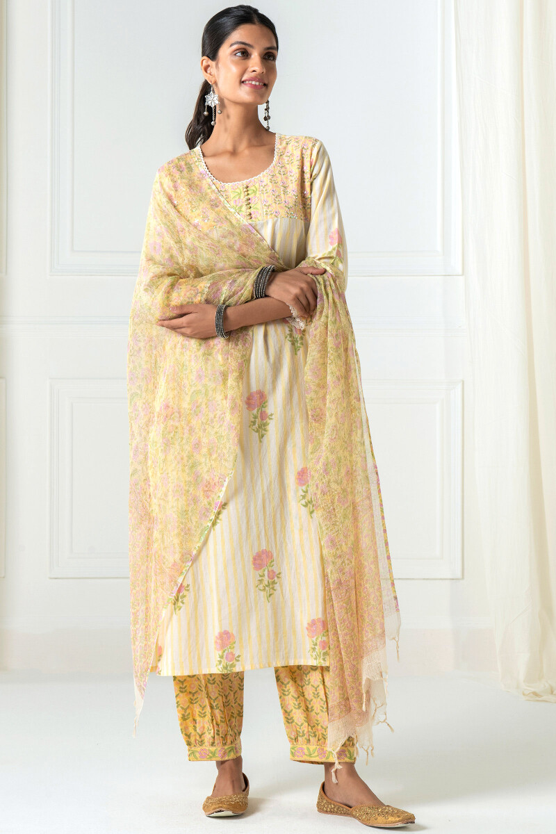 Yellow Block Printed Kota Dupatta