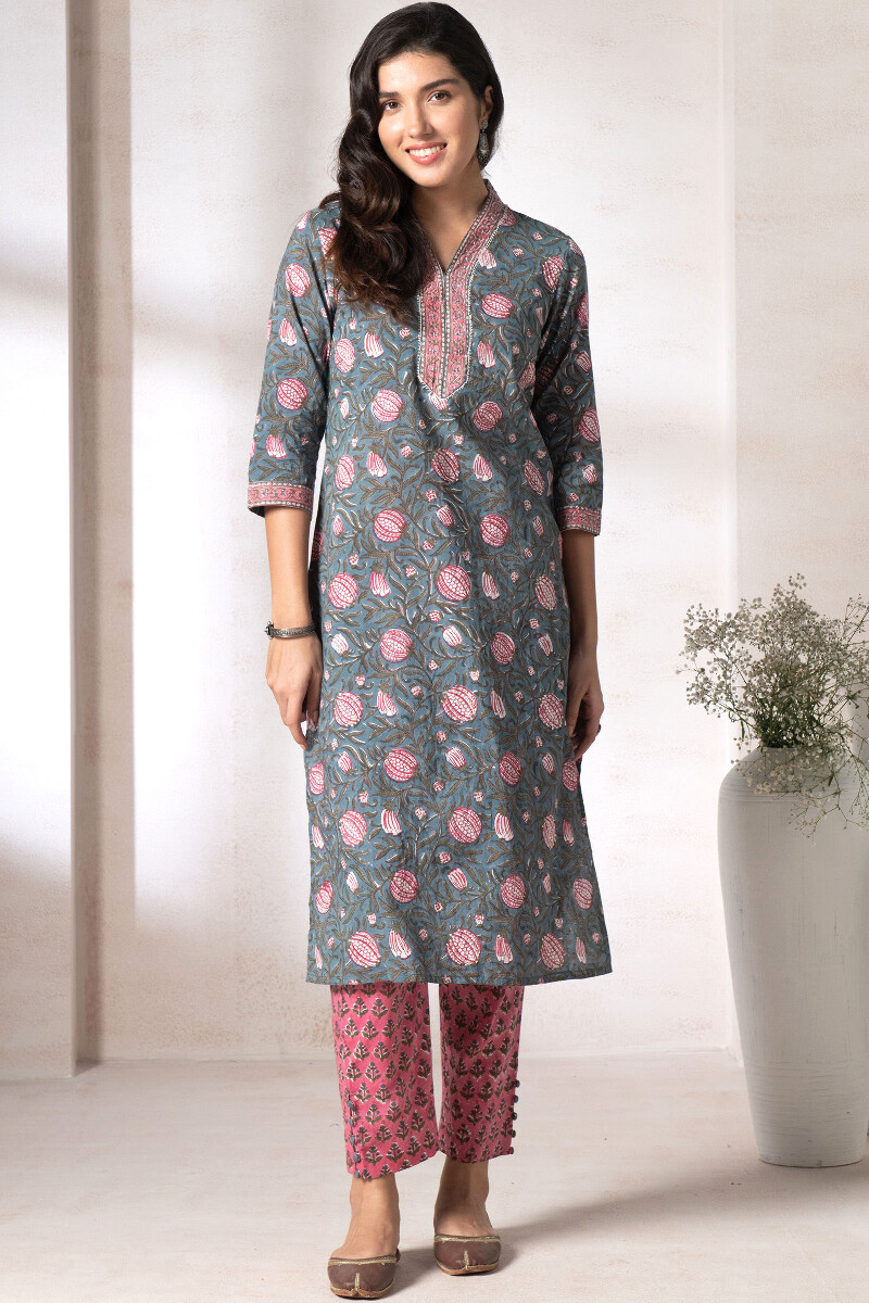 Green Block Printed Straight Cotton Kurta