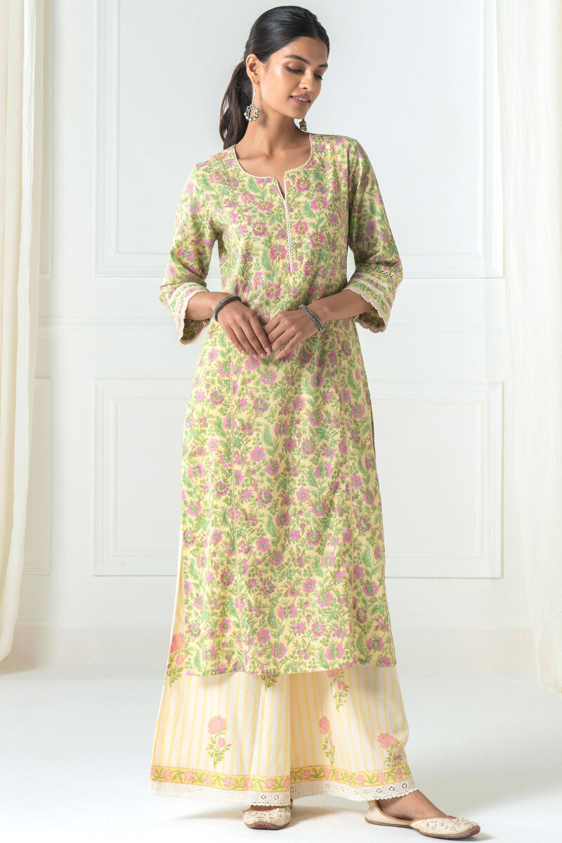 Yellow Block Printed Straight Cotton Kurta