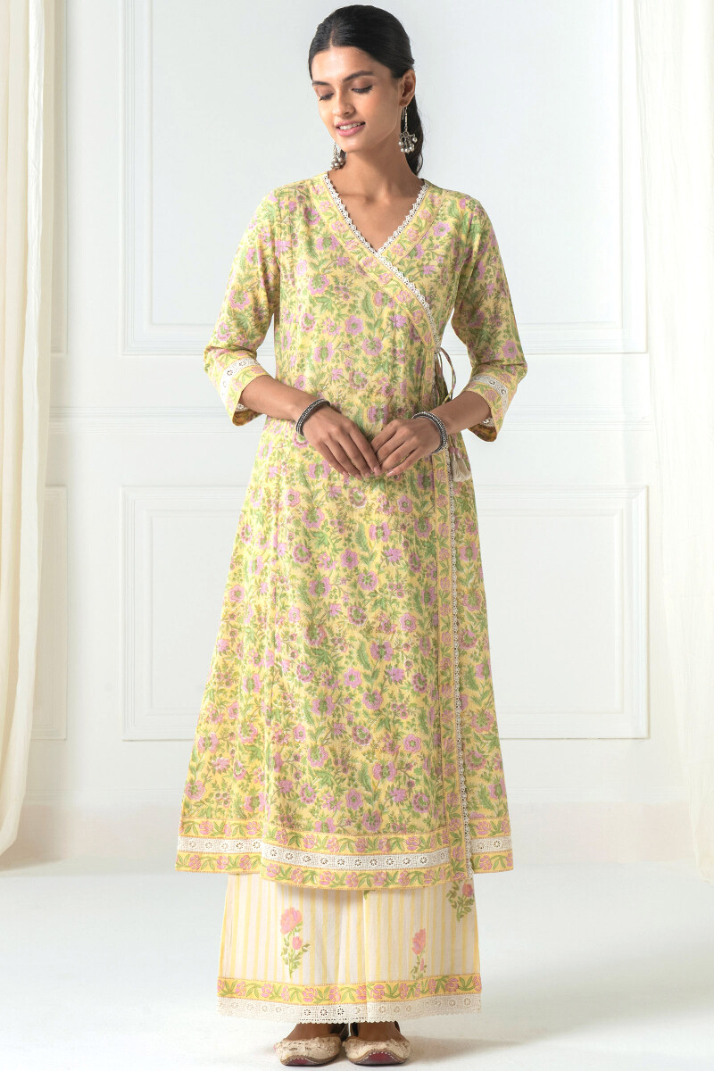 Yellow Block Printed Angrakha Cotton Kurta