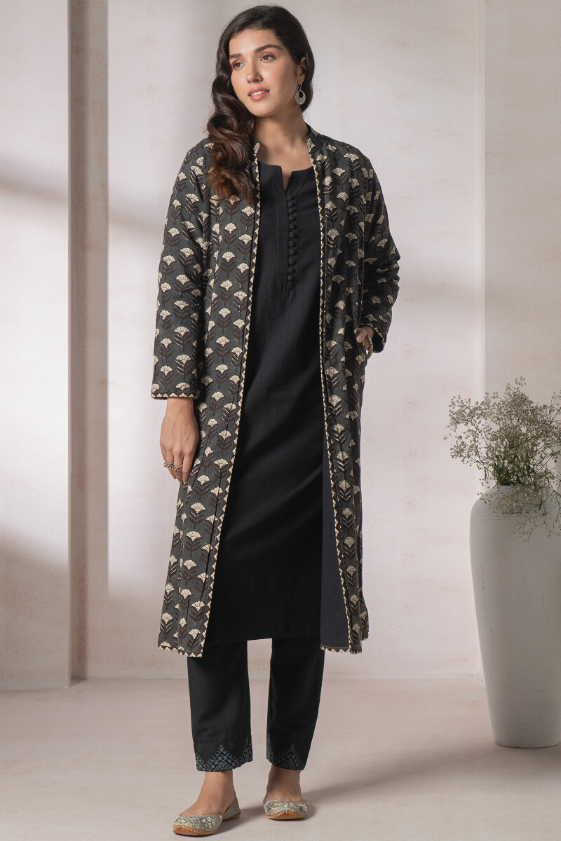 Black Block Printed Handloom Reversible Jacket