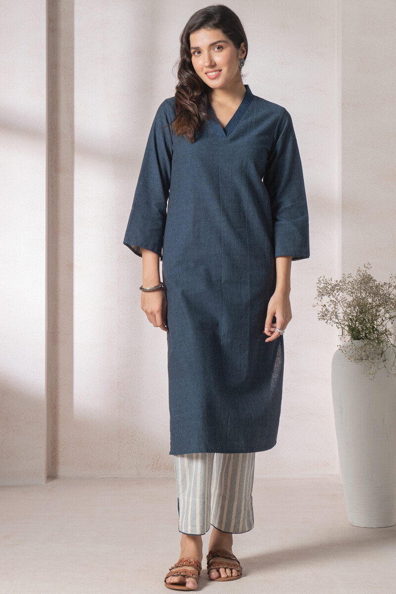 Blue Handcrafted Straight Handloom Kurta