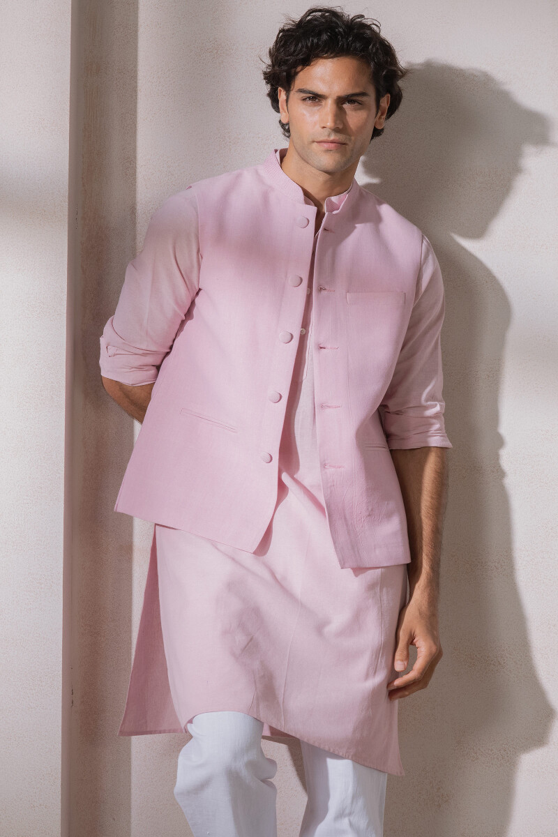 Pink Handcrafted Handloom Nehru Jacket