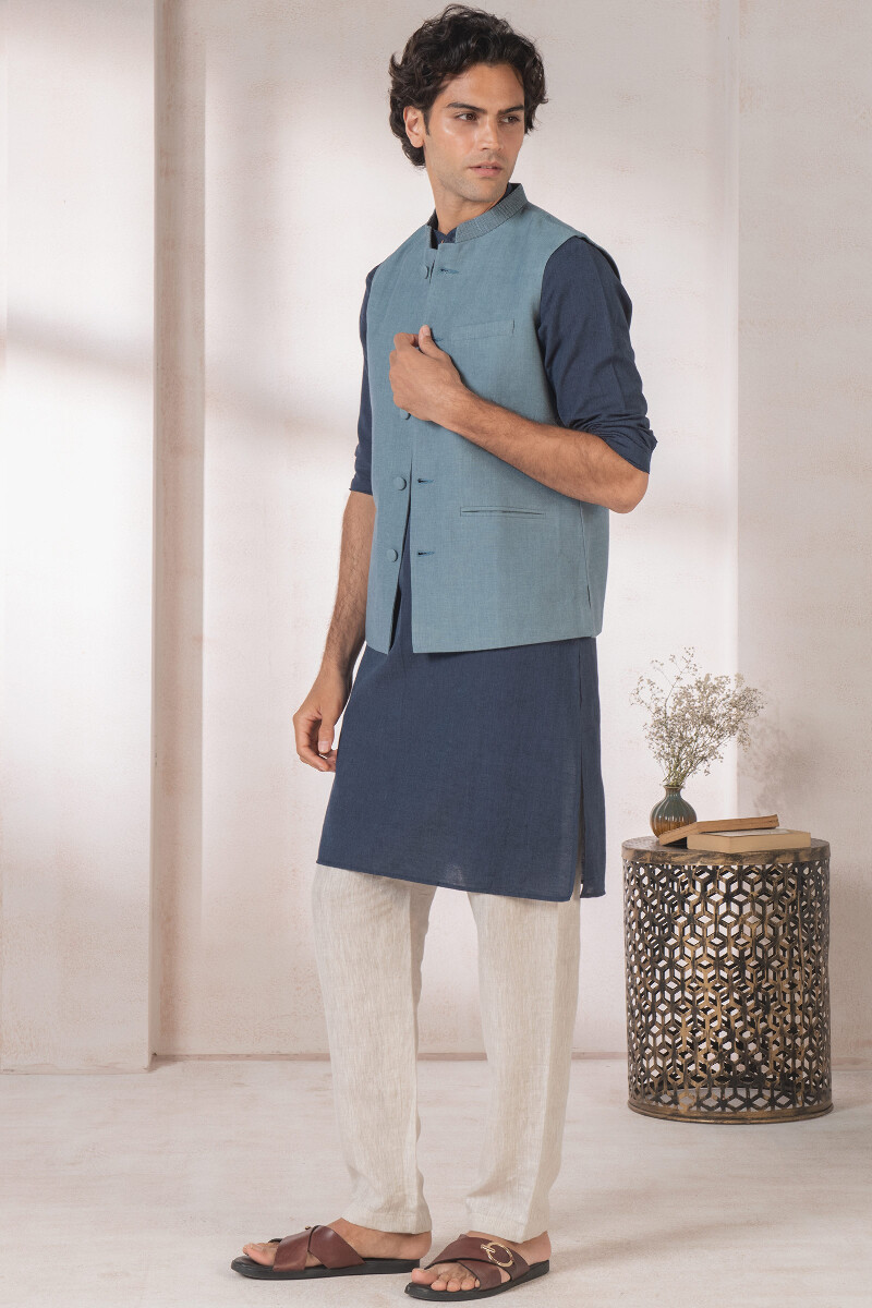 Blue Handcrafted Handloom Nehru Jacket