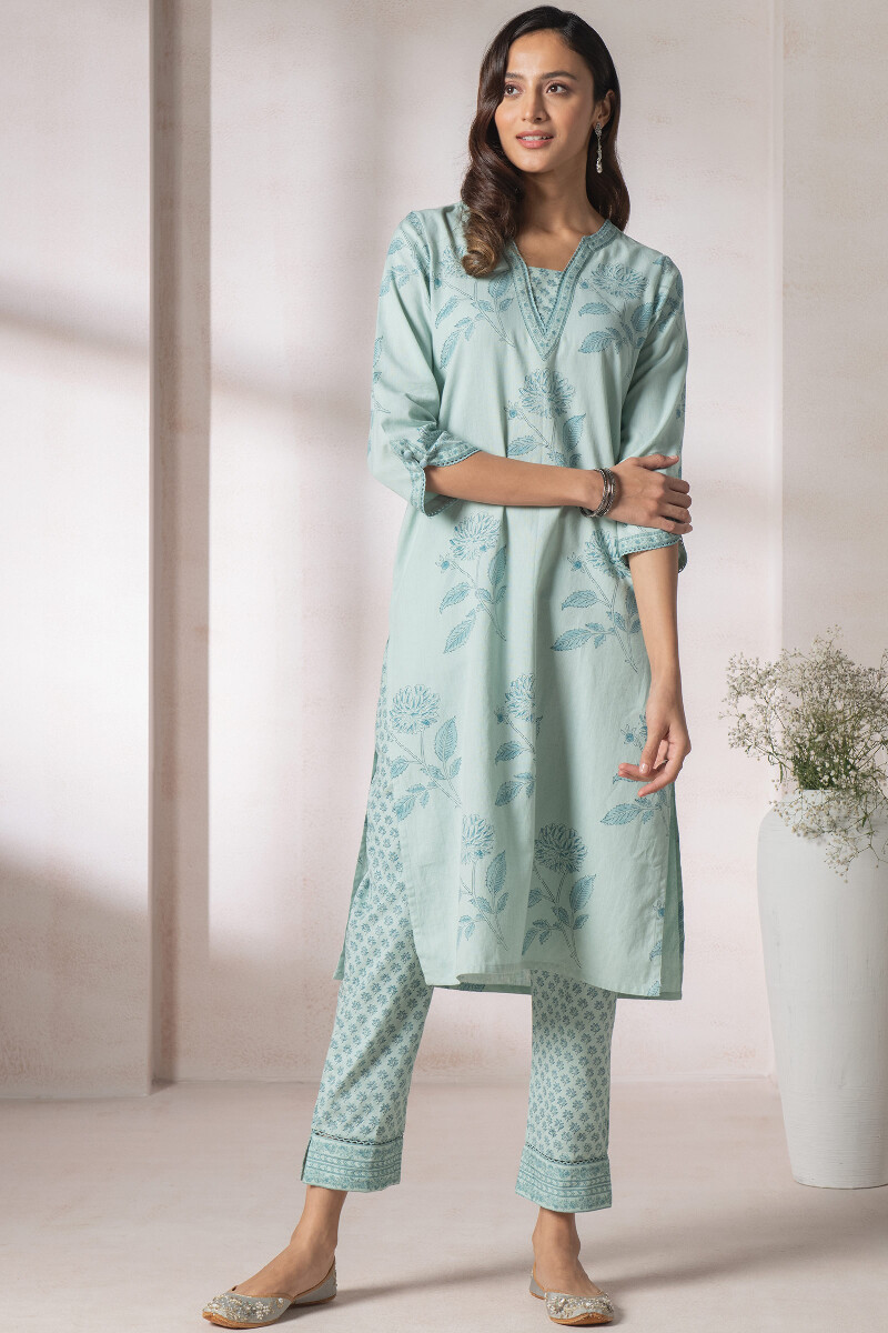 Blue Block Printed Straight Cotton Kurta