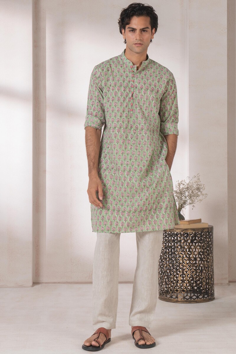 Green Block Printed Cotton Kurta