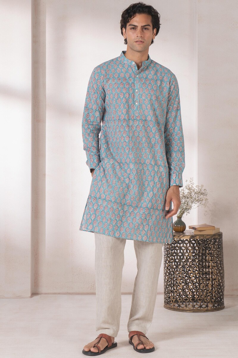 Blue Block Printed Cotton Kurta