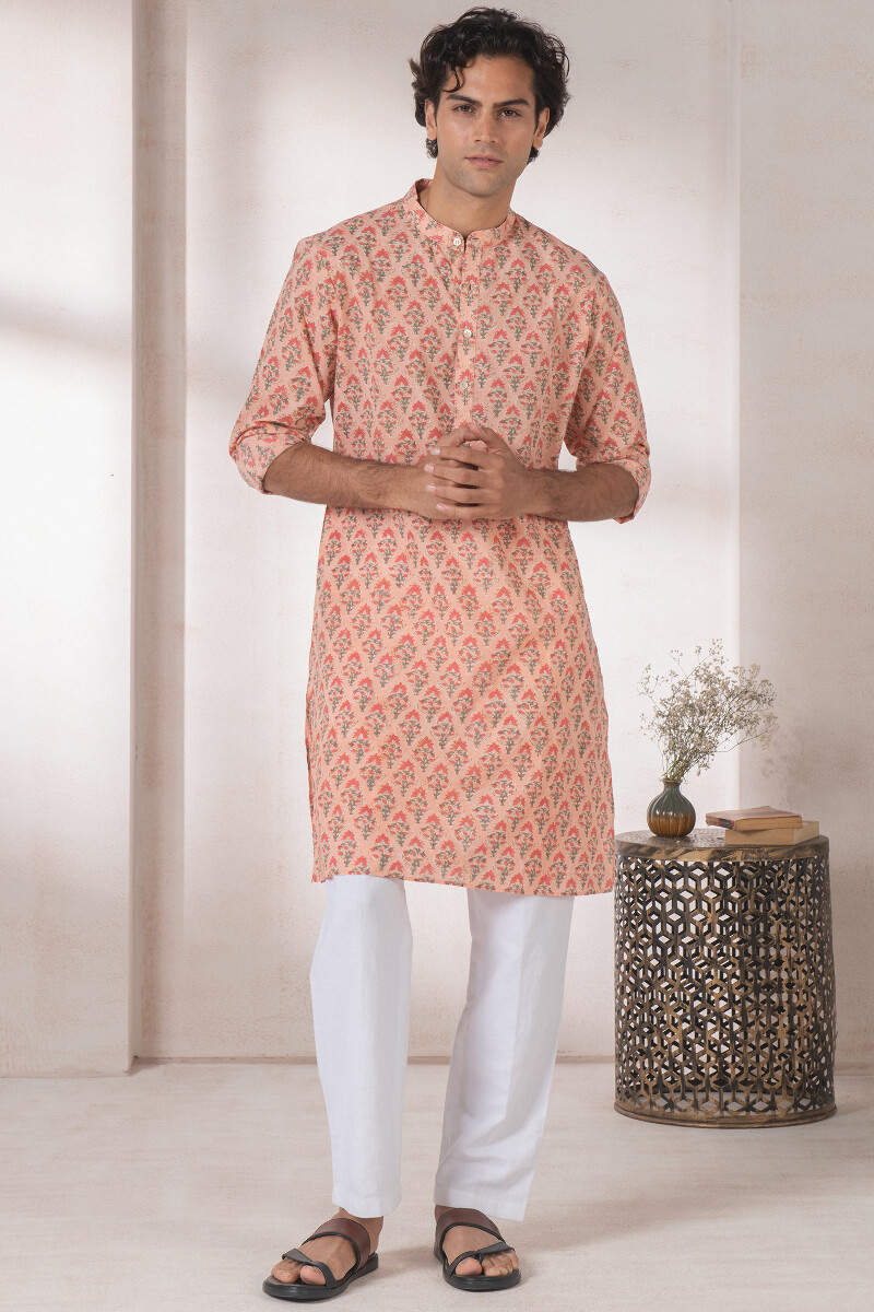 Peach Block Printed Cotton Kurta